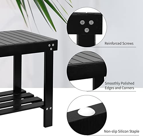 VaeFae Bamboo Spa Bench Seat Stool Foot Rest Shaving Stool with Non-Slip Feets Storage Shelf for Shampoo Towel,Works in Bathroom/Living Room/Bedroom/Garden Leisure (Black) - Image 4