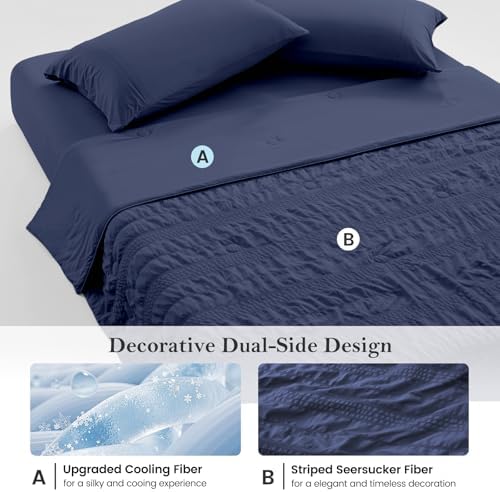 Cozy Bliss Striped Seersucker Cooling Comforter King Size, Lightweight Airflow Silky Cooling Bedding with Q-Max>0.45 for Bedroom, Home Decor, Hot Sleepers & Night Sweats, Navy Blue 106"×90" - Image 3