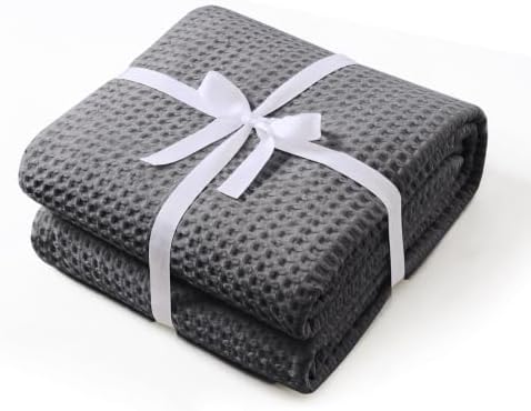 100% Egyptian Cotton Waffle Weave Throw Blanket for Bed Couch Sofa Home Decor, Soft Lightweight Bed & Couch Blanket for All Seasons (Dark Grey - Queen Size - 90 * 90") by ZaizaiHome
