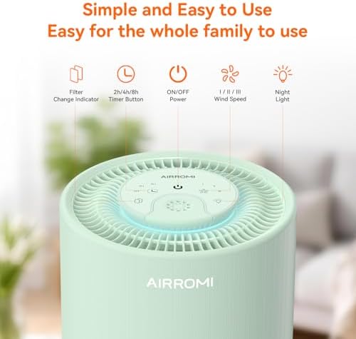 AIRROMI Air Purifier for Bedroom with HEPA 3-in-1 Filter, Pet Air Purifier for Home Cat Pee Smell, Covers Upto 990 Ft², Quiet 360°intake Air Cleaner for pet hair,allergies,Dust,Smoke A2001 Green - Image 3
