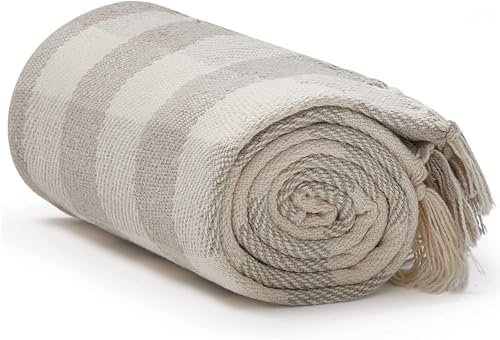 Americanflat 50x60 Throw Blanket - Soft and Breathable Cotton Throw Blanket for Couch, Bed, Chair - Decorative Blankets Perfect for Home, Office, or Outdoor Use - Cream and Beige Plaid Design by Americanflat