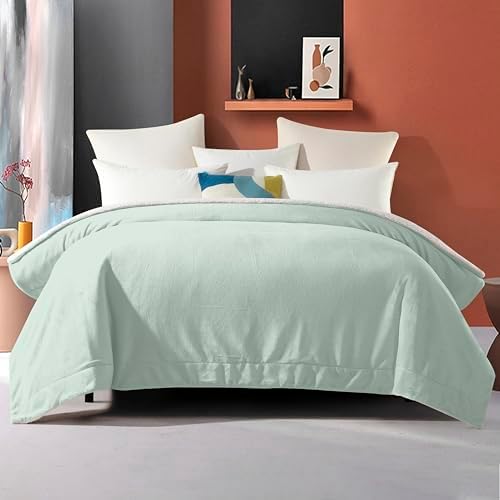 Elegant Comfort Ultra Soft Reversible Flannel Sherpa Blanket - Cozy Silky Fleece Throw for Couch, Bed - Plush Fuzzy Warm Winter Blanket for Gift, Queen, Mint Green - Image 4