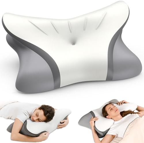 Pain Relief Cervical Neck Pillow, Ergonomic Contour | Q-Max Cooling | Non-Temperature Memory Foam | Side/Back/Stomach Sleeper Support for Sleeping, Reading, Scrolling,(White & Dark Grey) by HOBEST