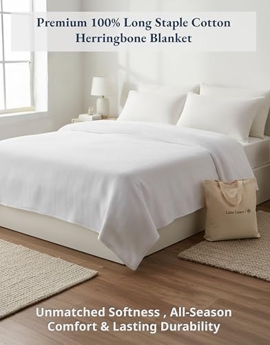 LANE LINEN King Size Blanket, 100% Cotton Textured Herringbone Weave - Image 5
