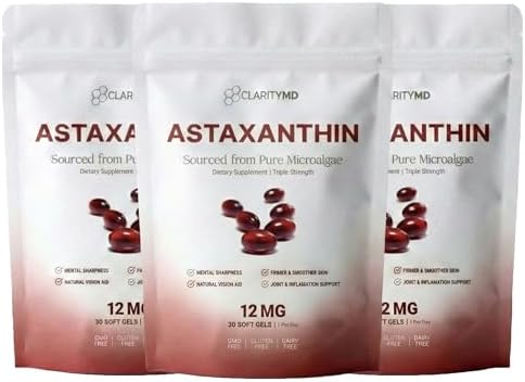 Astaxanthin 12mg Antioxidants Supplement – Natural Microalgae Source – Lipid-Based Softgel for Enhanced Absorption – Cognitive, Vision & Joint Support – 30 Softgels (Pack of 3) by Unknown