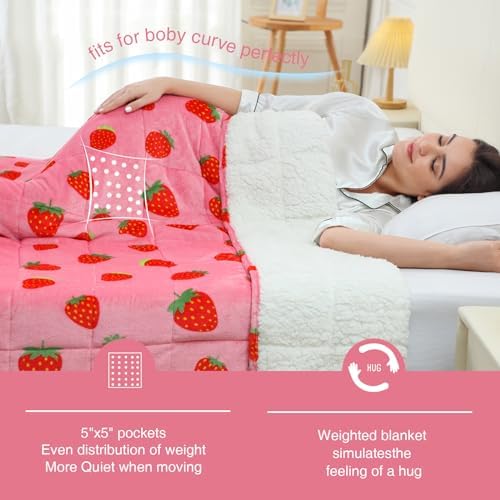 Aemicion Strawberry Pink Weighted Blanket 15lbs Twin Size 48x72in,Soft Sherpa Washable Weighted Blankets for Adults,Cozy Cute Throw Blanket Weighted as Birthday Gifts for Girls Women Mom - Image 3