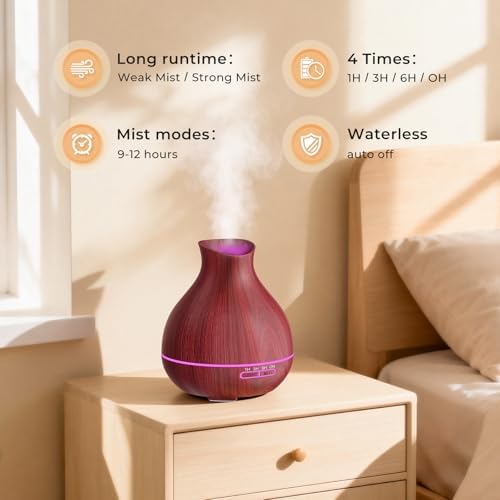 Aromatherapy Essential Oil Diffuser 550ml 12 Hours Wood Grain Aroma Diffuser with Timer Cool Mist Humidifier for Large Room, Home, Baby Bedroom, Waterless Auto Shut-off,7 Colors Lights Changing - Image 4