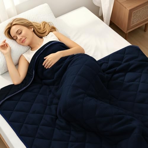 ZonLi 15lbs Weighted Blanket for Adults Sleeping, Double-Sided All Season Reversible 75D Cooling Mesh & Warm Ribbed Microfiber, 60"x80" Navy Blue, Machine Washable by Zonli
