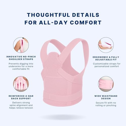 Back Brace Posture Corrector for Women and Men, Shoulder Straightener, Adjustable Full Back Support, Relief for Neck/Shoulder/Back Pain, Scoliosis & Hunchback Correction, Breathable Mesh Design (Pink, Small (Waist 25"-33")) - Image 4