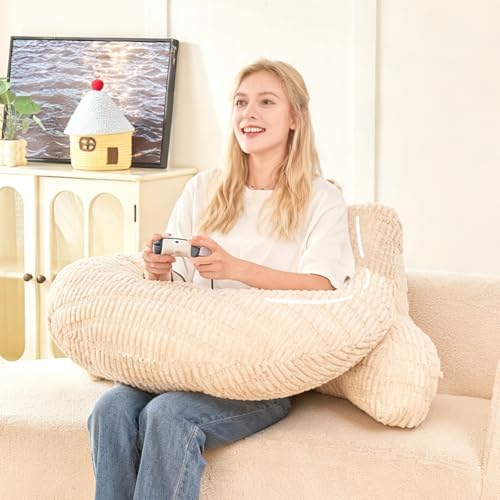 19" Reading Pillow for Bed,U Shaped Arm & Elbow Support,White Corduroy by PAJEO