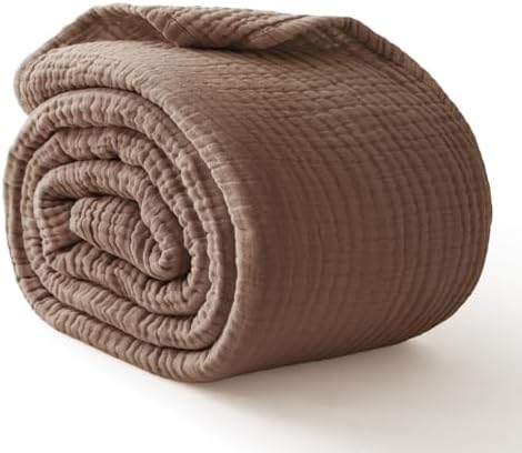 100% Cotton Muslin Blanket Large 50"x 70", Breathable and Lightweight Cotton Throw Blanket for Bed and Couch, Soft Cooling Summer Gauze Blanket for Adults All Season, Linen Brown by Kozyhvn