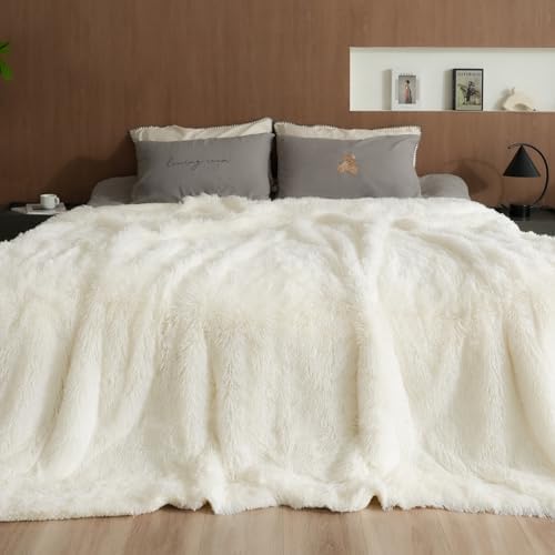 Pawque Luxury Faux Fur Sherpa Fleece Throw Blanket 90x90 inches, Cream by Pawque
