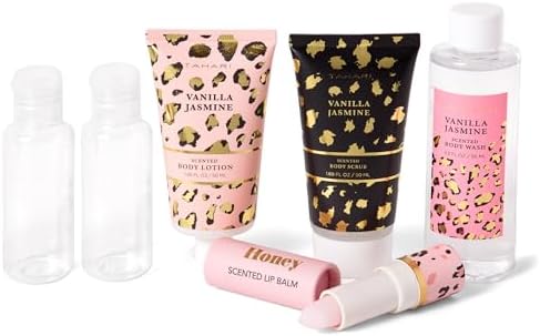 Tahari Vanilla Jasmine Spa Gift Set for Women – Luxurious Bath Kit with Body Lotion, Body Scrub, Body Wash & Lip Balm with Bag – Perfect Selfcare Gifts for Women (Leopard) - Image 3
