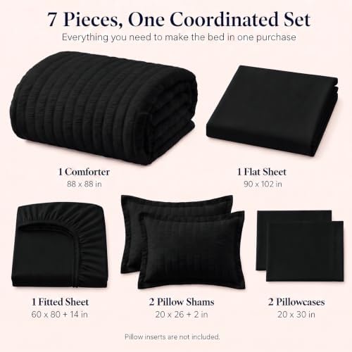 CozyLux Queen Comforter Set, 7 Pieces Black Seersucker Bed in a Bag - Image 2