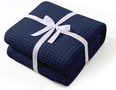 100% Egyptian Cotton Waffle Weave Throw Blanket for Bed Couch Sofa Home Decor, Soft Lightweight Bed & Couch Blanket for All Seasons (Navy Blue - King Size - 104 * 90") by ZaizaiHome