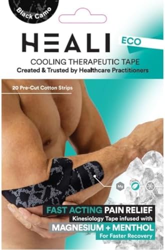 Heali Kinesiology Tape with Magnesium and Menthol, 20 Pcs Precut Strips, K Tape Roll, Knees, for Physical Therapy, Sports, Muscles and Joints, Water Resistant - Eco - Black Camo by HEALIMEDICAL