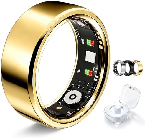 Smart Ring for Women Men Fitness Tracker Heart Rate Sleep Trends 128 Sports Modes Gesture Control Cycle Tracking IP68 Waterproof No Subscription Compatible with iPhone Android (Gold, Size 9) by Unknown