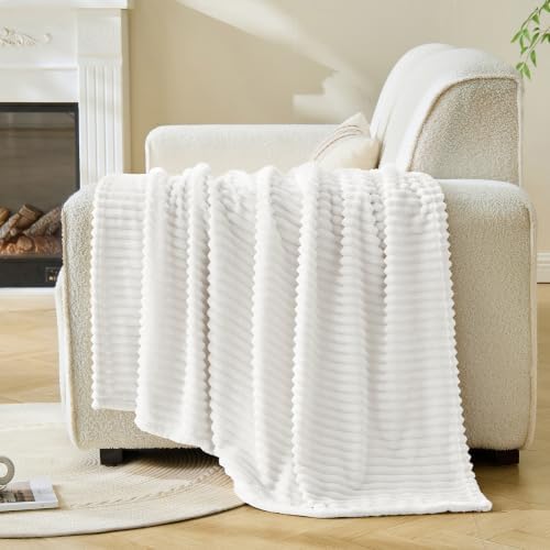 Bnuitland Fleece Throw Blanket for Couch, 300GSM Soft Warm Cozy Fluffy Throw for Adults & Kids, Stripe Pattern, All Season Sofa Bed Blanket for Home Decor, White 60"x80" - Image 3