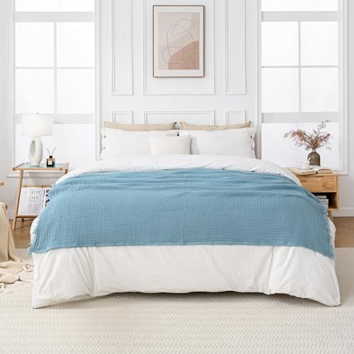 Esterra Muslin Throw Blanket 50x65 Inches Cozy Soft Lightweight Pre-Washed Cotton Blanket, All Season Breathable 4-Layer Gauze Blanket Throw for Sofa Couch Bed, Sky Blue - Image 6