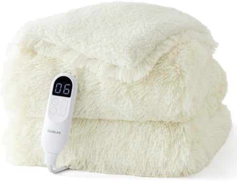 Bedsure Faux Fur Heated Blanket Throw Blanket, Fast Heating Fluffy Electric Blanket, Heated Throw with 4 Time Settings & 6 Heating Settings, Cozy Gifts for Women Men(50x60 inches, Cream) by Unknown