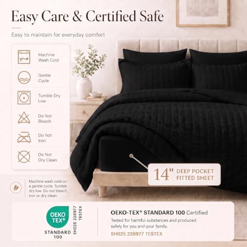 CozyLux Full Size Comforter Sets, 7 Pieces Black Seersucker Bed in a Bag - Image 5