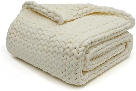 YnM Velvet Weighted Blanket, Handmade Chunky Knitted Design, Soft and Cozy, Temperature Regulating and Breathable, Machine Washable Throw for Sleep or Home Decor (Cream, 60x80 Inch, 20lbs) by YNM