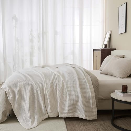 100% Cotton White Blanket Full/Queen Size for Bed - Breathable and Soft, Waffle Weave for Summer Spring, 90x90 Inches - Image 5