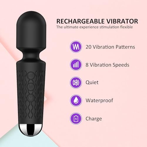 Handheld Cordless Mini Massager, Powerful Quiet with Waterproof, 20 Modes & 8 Speeds Vibration Wand for Back Neck Shoulders, Muscle Soreness Relief & Recovery (Black) - Image 3