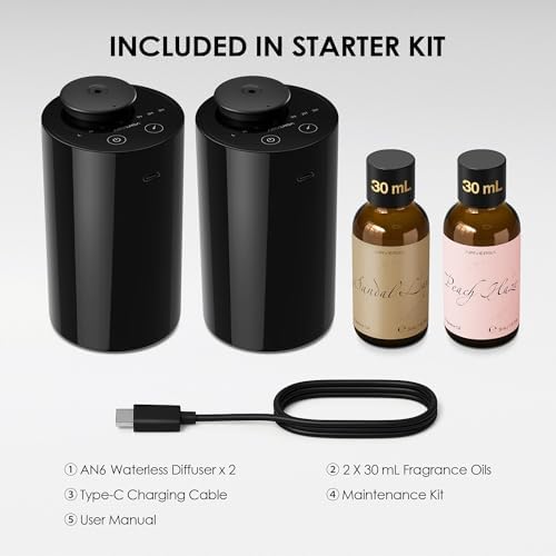Airversa Waterless Essential Oil Diffuser Starter Kit with 2 x 30mL Fragrance Oil, Battery Operated Mini Scent Air Machine Portable Diffuser for Home Car Office Room, Black AN6 2 Packs Kit - Image 6