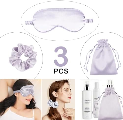 3Pcs Satin Eye Mask Silk Sleep Masks Set Silky Blindfold Eyeshade Blackout Eyes Cover Pouches Bag Scrunchy Wedding Gift-Color: Light Grey - Image 2