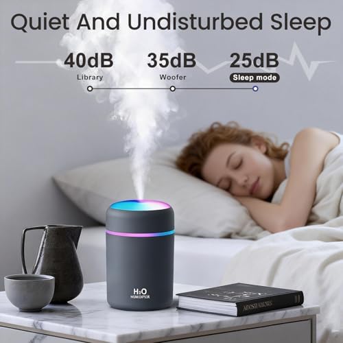 Portable Colorful Cool Mini Humidifier,Aroma Essential USB Personal Desktop Humidifier,. Perfect for Bedroom, Office & Car(300ml, White) (grey) - Image 5