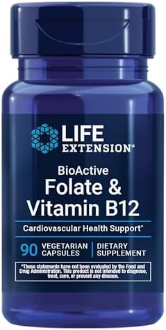 Life Extension BioActive Folate & Vitamin B12, Promotes Heart, Brain & GI Tract Health, Non-GMO, Gluten-Free, Vegetarian, 90 Capsules by LifeExtension
