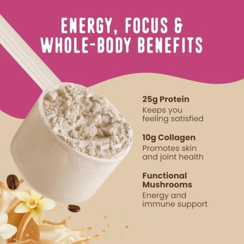 FlavCity All in One Protein Shake Powder, Vanilla Latte - 60mg Caffeine + Collagen Peptides, Reishi & Cordyceps - Focus, Skin, Hair & Joint Support - 100% Grass Fed Whey, 20 Servings - Image 4