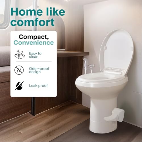 SereneLife RV Toilet - Small Camp Toilet with Foot Pedal and a Hand Sprayer, Leak-Proof, Odorless, Soft-Close Lid, Compact Water-Saving Design, Quick Installation, Perfect for RVs, Trailers, and Boats - Image 2