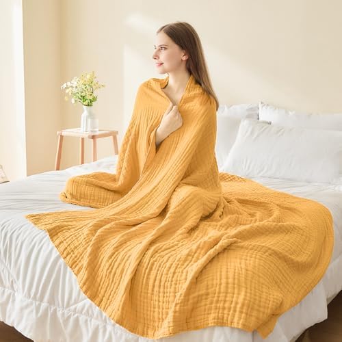 EMME Cotton Muslin Large Throw Blanket Couch Breathable Gauze Soft Lightweight Bed Blankets Adults (Heather Yellow, 50"x70") - Image 6