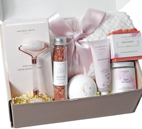 Natural Amor Spa Gift Set with Blanket 7 PCs– Handmade Bath & Body Self-Care Box – Includes Bath Bomb, Candle, Soap, Hand Cream – Perfect for Relaxation & Gifting by NATURALAMORLOSANGELES