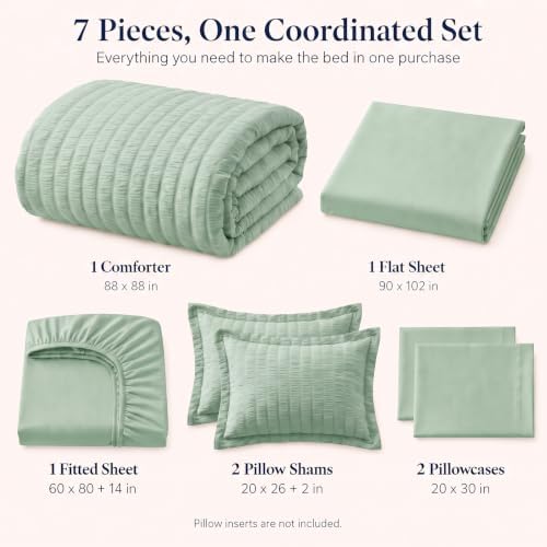 CozyLux Queen Comforter Set, 7 Pieces Sage Green Seersucker Bed in a Bag - Image 2
