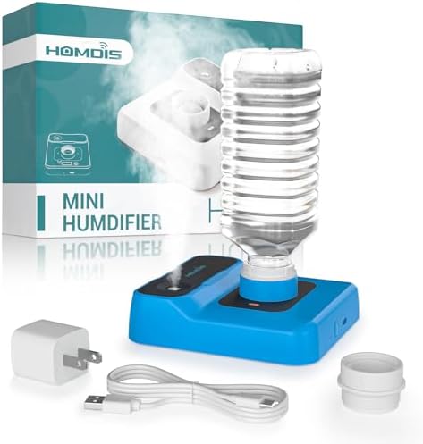 Travel Humidifier, Portable Small Humidifier for Plants, Bedroom, Office, Hotel or Car, Battery Operated Mini Cool Mist Humidifiers, Quiet 23dB, Auto-off, Night Light & BPA-Free, Blue by HOMDIS