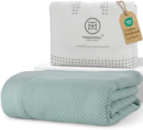 Threadmill Luxury 100% Cotton Queen Herringbone Blanket, Mist Blue by ThreadmillHomeLinen