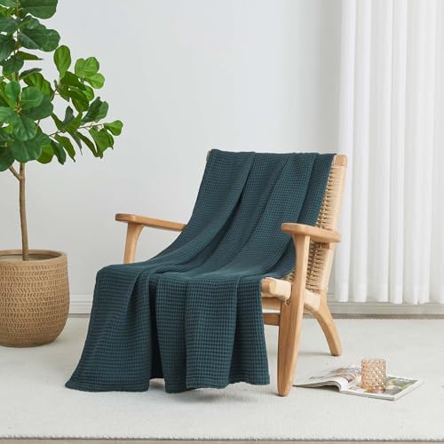 100% Cotton Blue Blanket Full/Queen Size for Bed - Breathable and Soft, Waffle Weave for Summer Spring, 90x90 Inches (Peacock) - Image 3