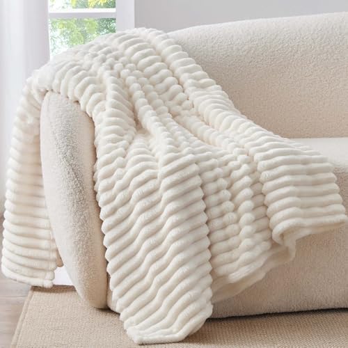 BEDELITE Ribbed Fleece Throw Blanket for Couch, Cream, 50"x70" - Image 2