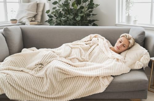 Richave Cuddly Blanket Twin Size,Premium Lightweight Anti-Static Fluffy Fleece Blanket with Striped Pattern for Twin/Twin XL Extra Long Bed, 66x90 Inches,Cream - Image 3