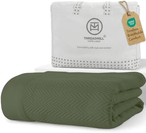 Threadmill Luxury 100% Cotton King Herringbone Blanket, Olive by ThreadmillHomeLinen