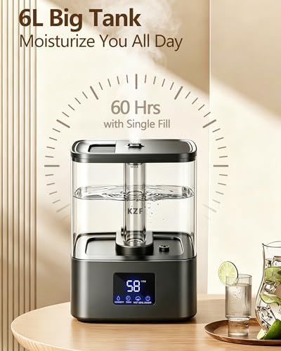 KZF 6L Top Fill Humidifiers for Bedroom & 60H Runtime - Cool Mist Humidifier, 3 Mist Levels, 8H Timer, Essential Oil Tray, Humidity Display, Quiet for Bedroom, Baby, Plants, Large Room (Black, 6L) - Image 2