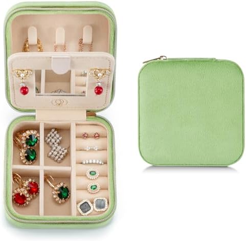 ZPROW Plush Velvet Travel Jewelry Case, Travel Jewelry Organizer, Jewelry Travel Case, Travel Jewelry Box, Small Jewelry Case, Jewelry Travel Box, Earring Organizer with Mirror - LightGreen by ZPROW