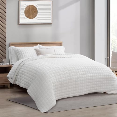 RECYCO Channel Box Stitch Velvet Quilt Set, Full Queen Size, Bright White - Image 3