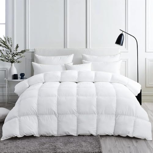Luxurious White Solid Medium Weight, Super King Size Goose Feathers Down Comforter for All-Season, 120 X 120 inches, Premium Baffle Box, 100% Egyptian Cotton Cover, 85 oz. Fill Weight by EgyptianBedding