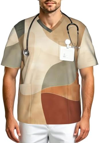 Men's Scrub Top,V-Neck Spill Wrinkle Resistant,3 Pockets-Minimal Abstract Shapes (8) by Unknown