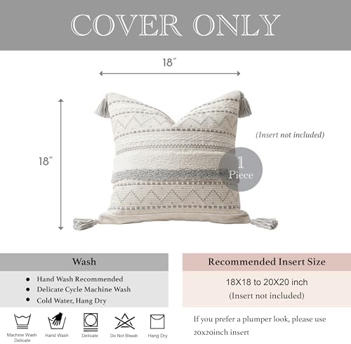 BlissBlush 18X18 Throw Pillow Cover, Cream Neutral Square Decorative Cushion Cover with Gray Pattern, Boho Accent Pillowcase with Tufted Details and Tassels for Couch Sofa Living Room (Cover Only) - Image 5