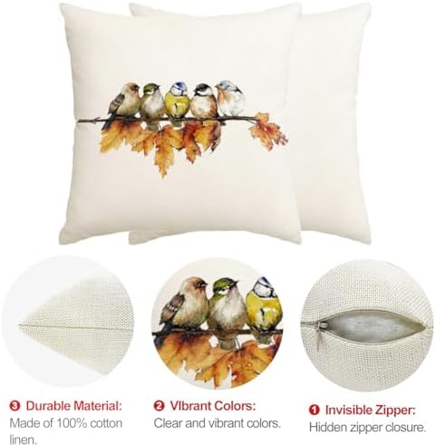 RABUSOFA Fall Pillow Covers 18x18 Inch Watercolor Bird Autumn Decorations for Home Outdoor Thanksgiving Decor Maple Leaf Decorative Throw Pillow Cases Farmhouse for Couch Sofa - Image 7